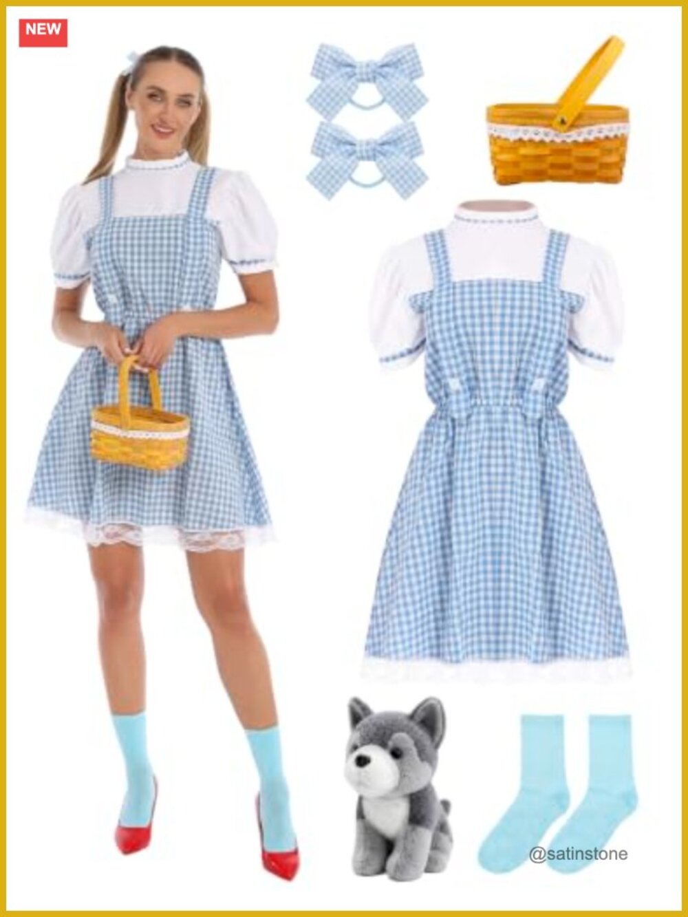 Women's Storybook Character Costume Set Plaid Dress Bows Socks Basket